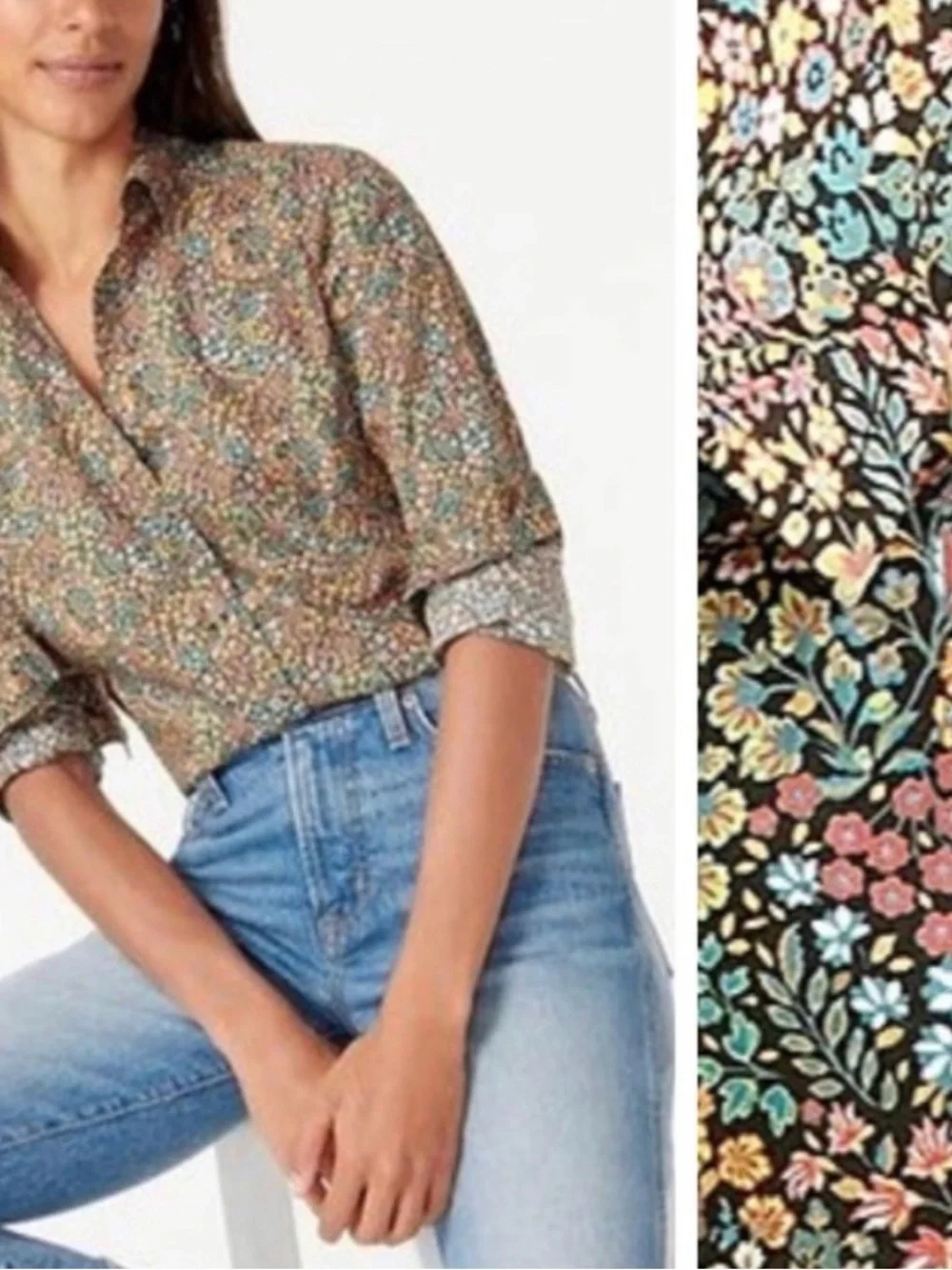 J. Crew & Liberty of London Black Floral Button-Down Shirt w Multicolor Blossoms